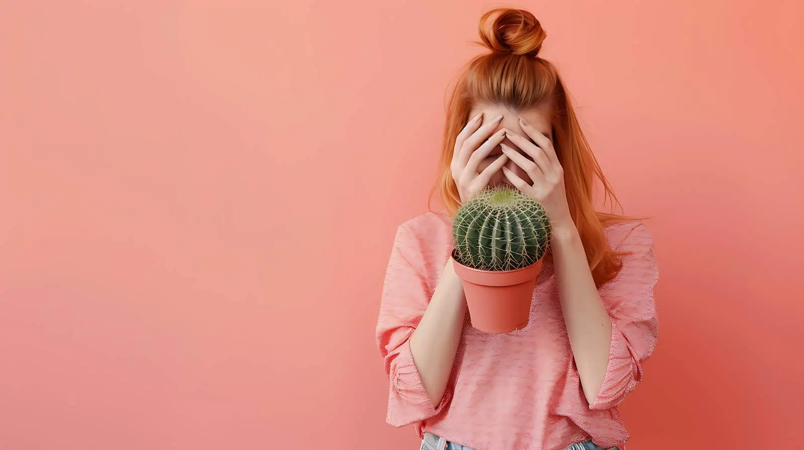Woman Holding Cactus Plant Against Peach Wall – free relaxed vibe image from Dotvec
