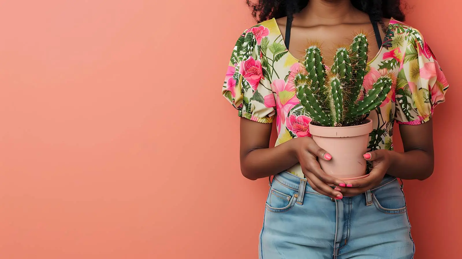 Woman Holding Cactus Plant Against Wall — free download from Dotvec