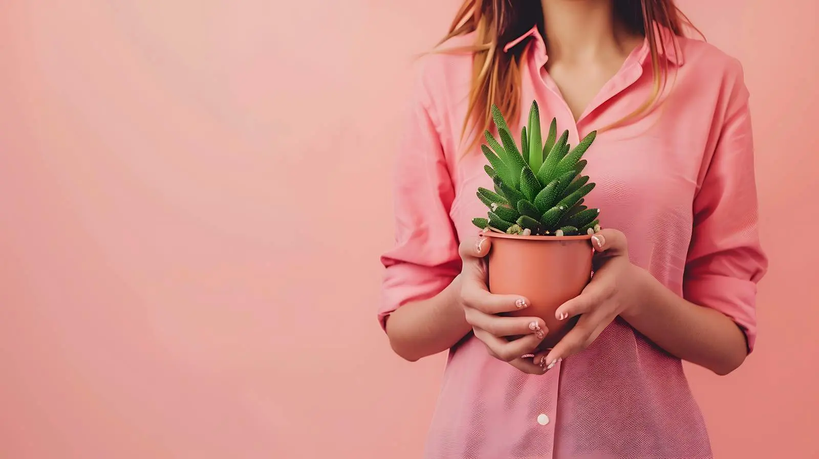 Woman Holding Cactus Against Peach Wall — free download from Dotvec