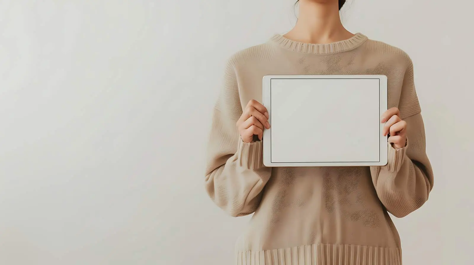 Woman Holding Blank Tablet Displaying Copy Space — free download from Dotvec