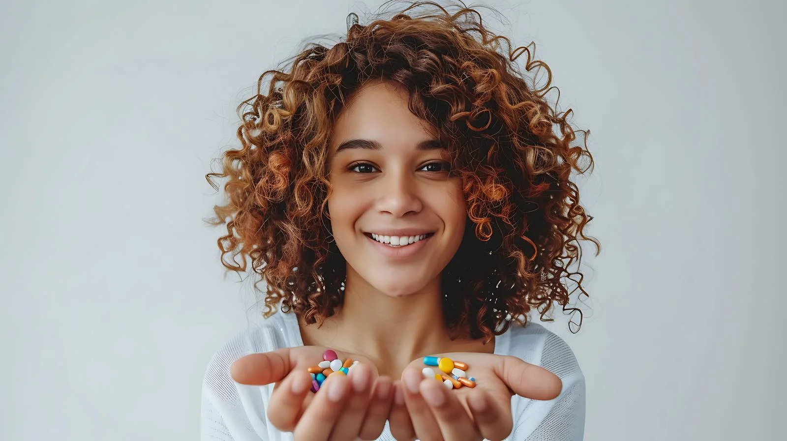 Woman Displaying Medication on White Background — free download from Dotvec