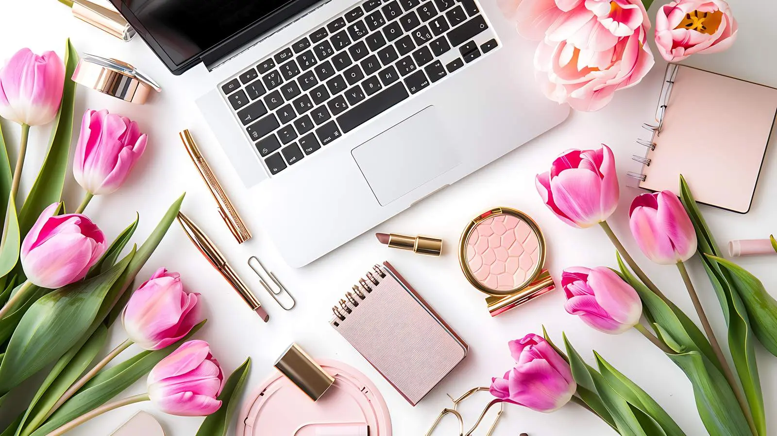 Home Office Workspace with Laptop and Pink Tulip – free professional setup image from Dotvec