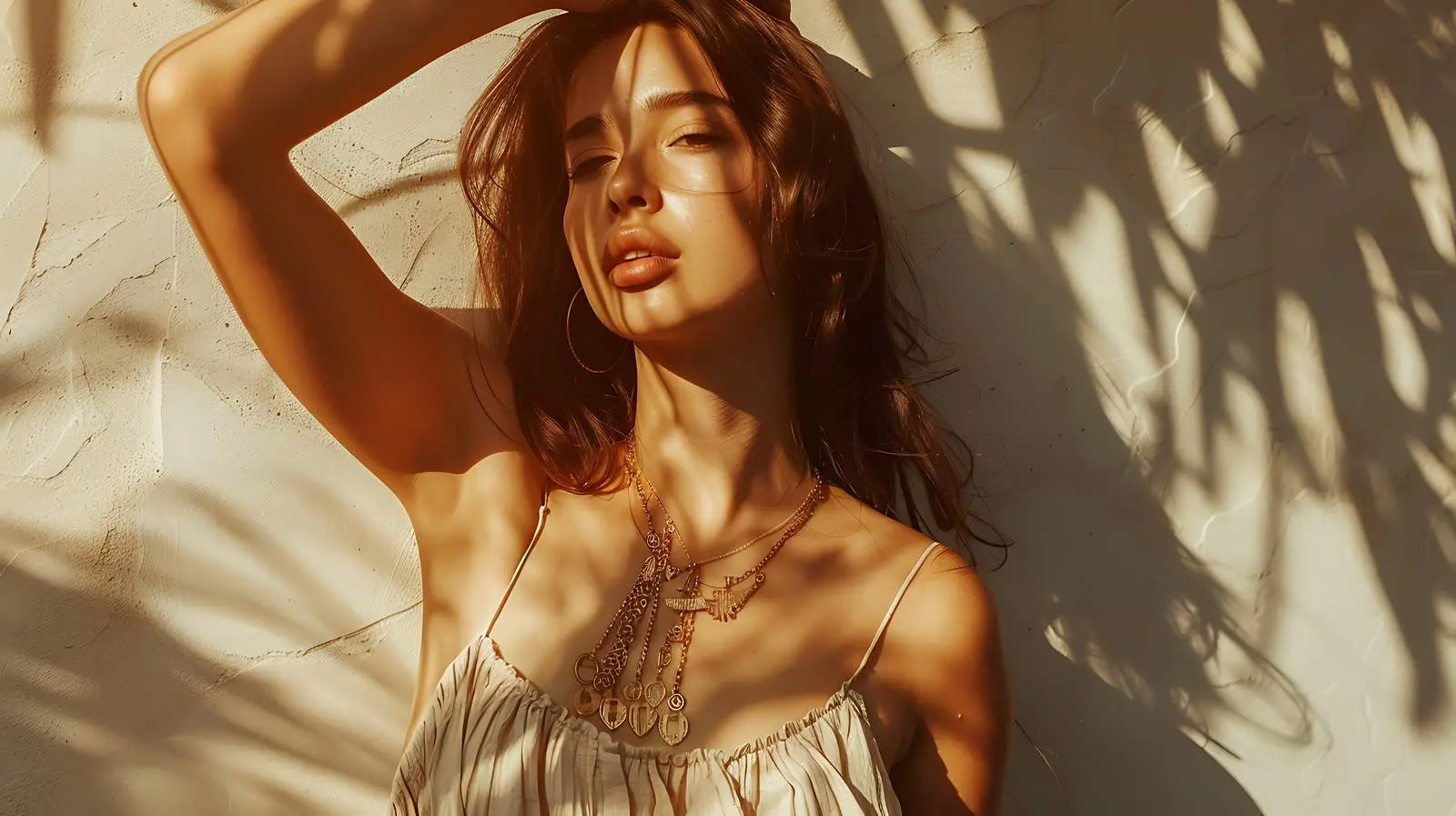 Woman in Beige Sundress with Gold Necklace – free necklace image from Dotvec