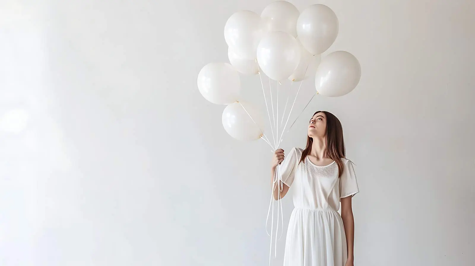 Woman in White Dress with White Balloons – free float image from Dotvec