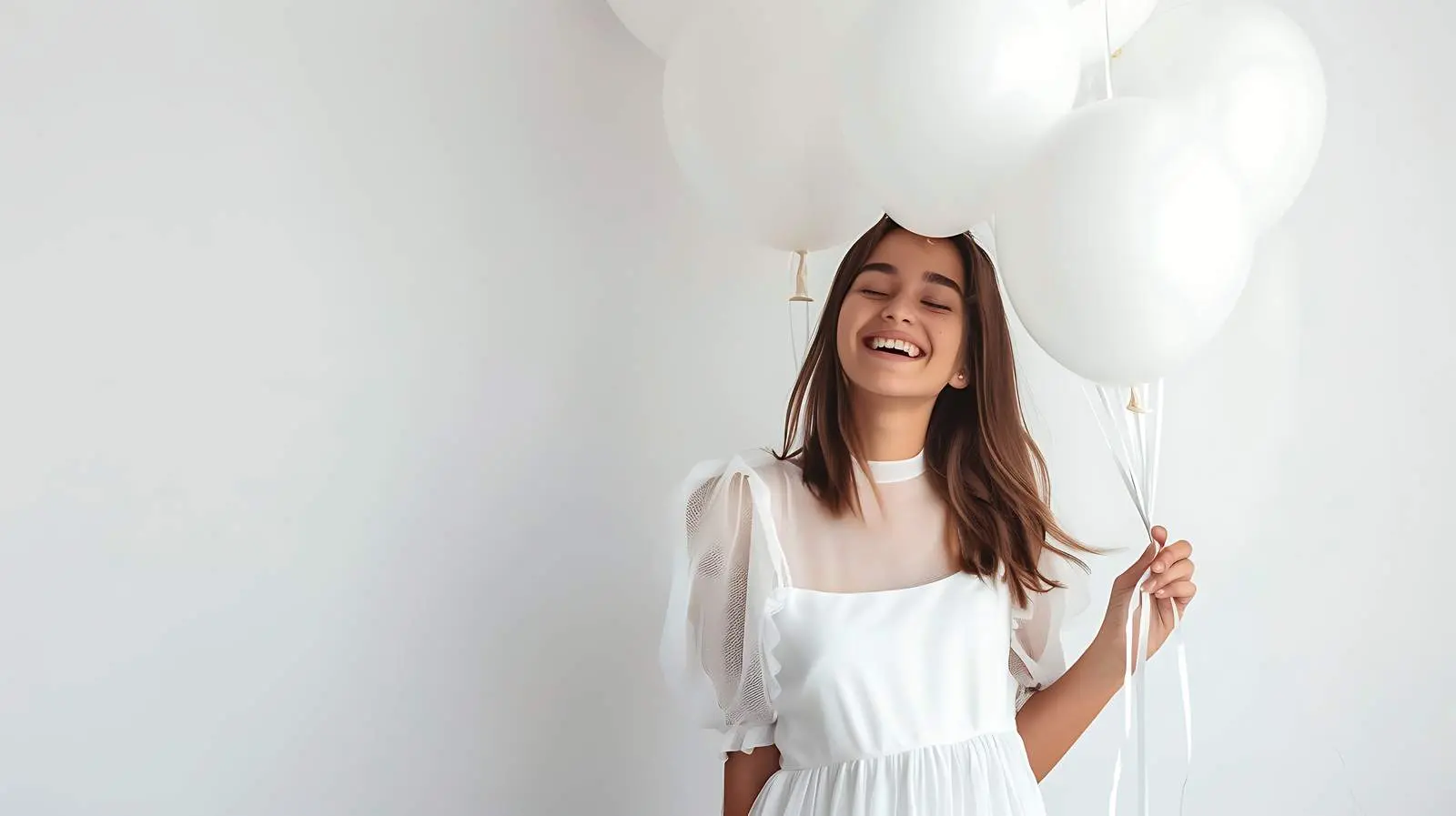 Woman in White Dress with White Balloons – free clouds image from Dotvec