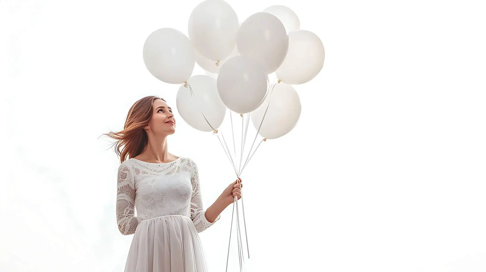 Woman in White Dress with White Balloons – free float image from Dotvec