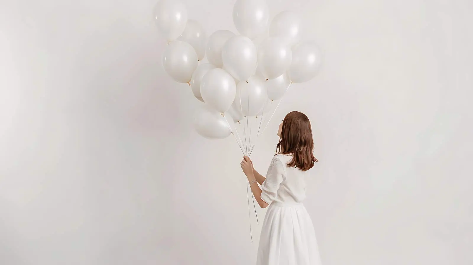 Woman in White Dress with White Balloons – free float image from Dotvec