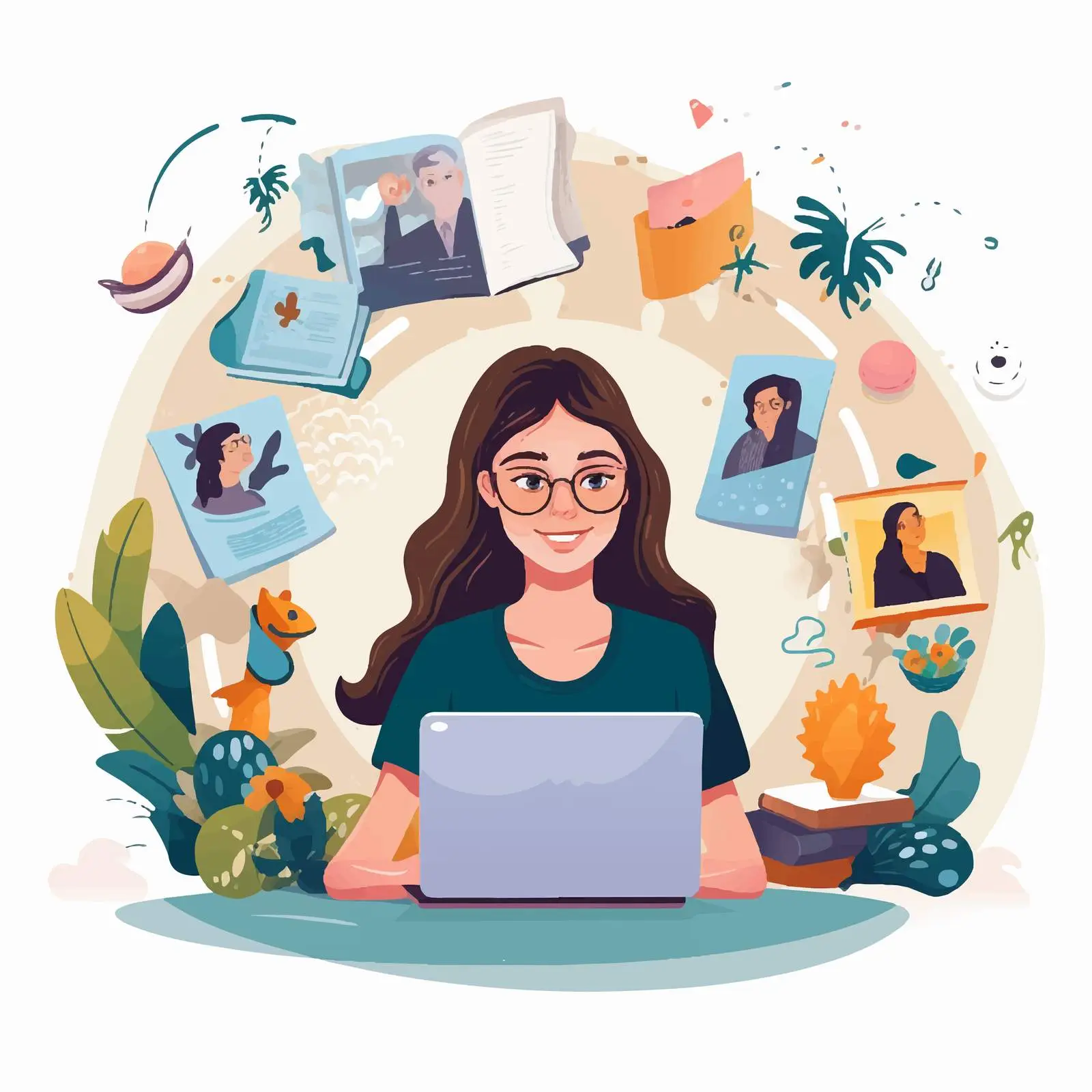 Online Learning Woman with Educational Icons Vector – free educational icon image from Dotvec
