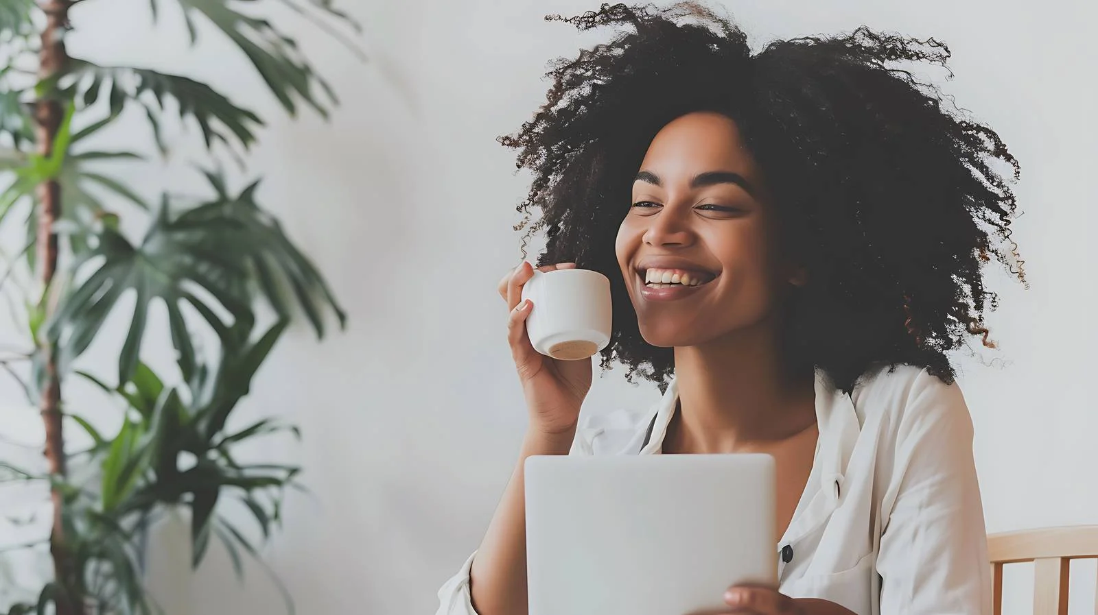 Joyful woman using laptop and smiling — free download from Dotvec