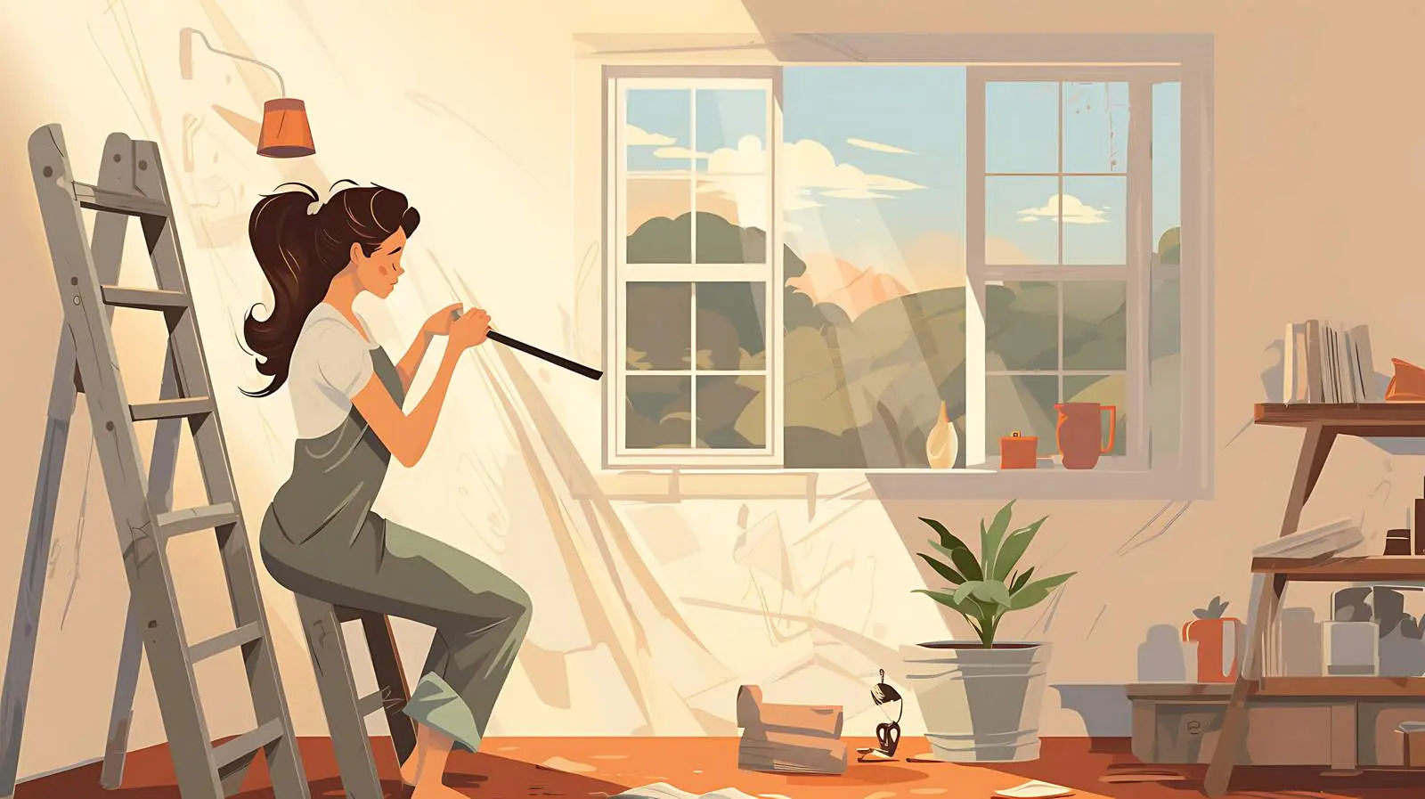 Home Renovation: Woman Wallpapering Wall — free download from Dotvec