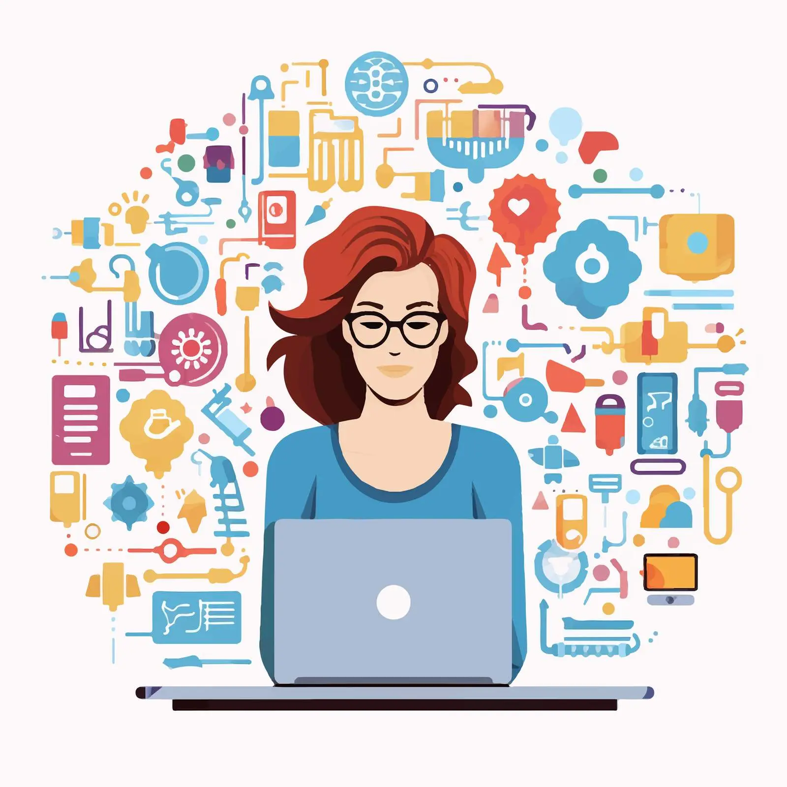 Woman Working on Computer with Colorful Icons — free download from Dotvec