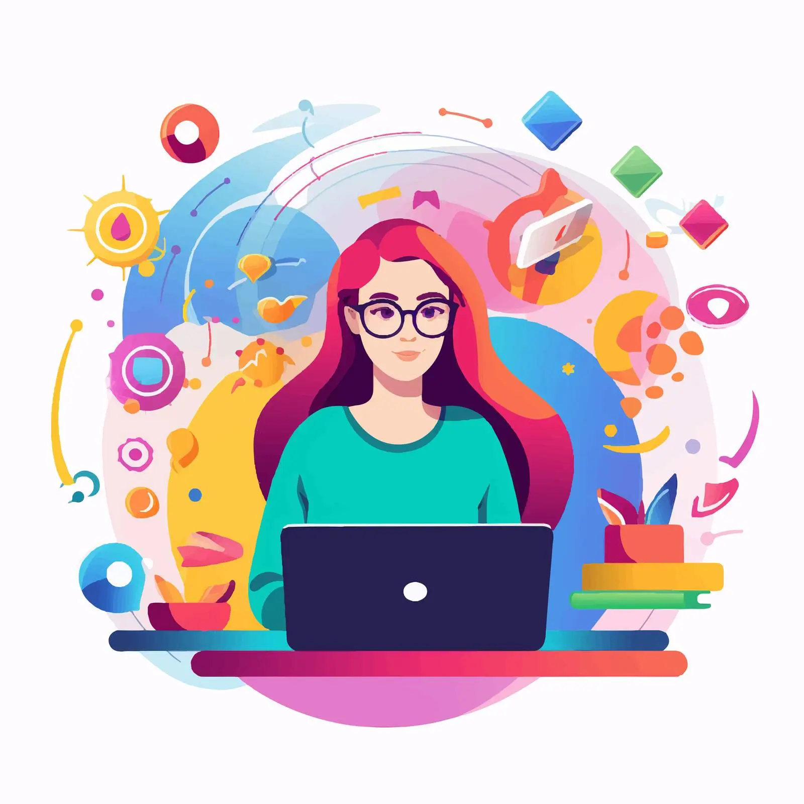 Woman Using Computer with Colorful Icons — free download from Dotvec