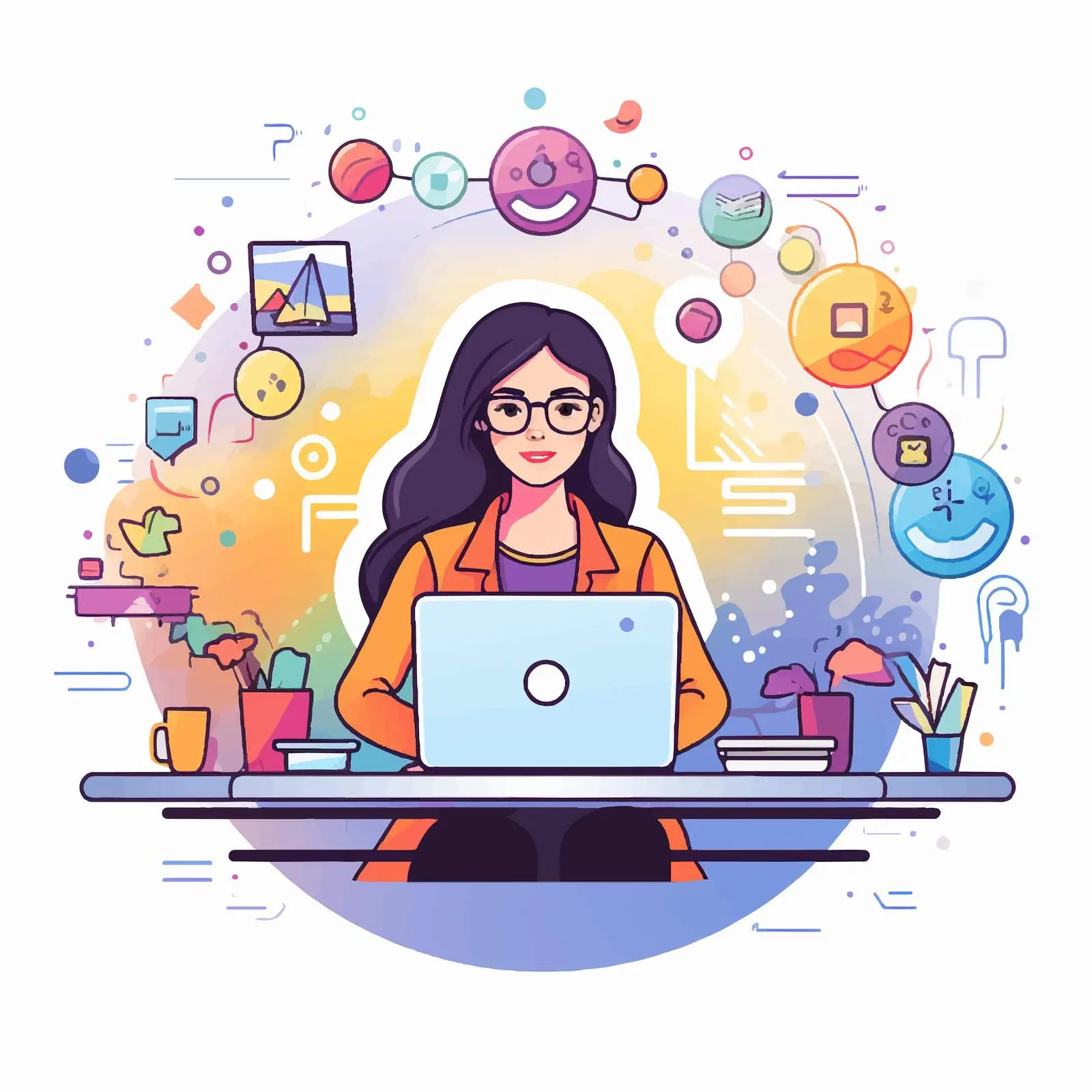 Woman Using Computer with Colorful Icons — free download from Dotvec