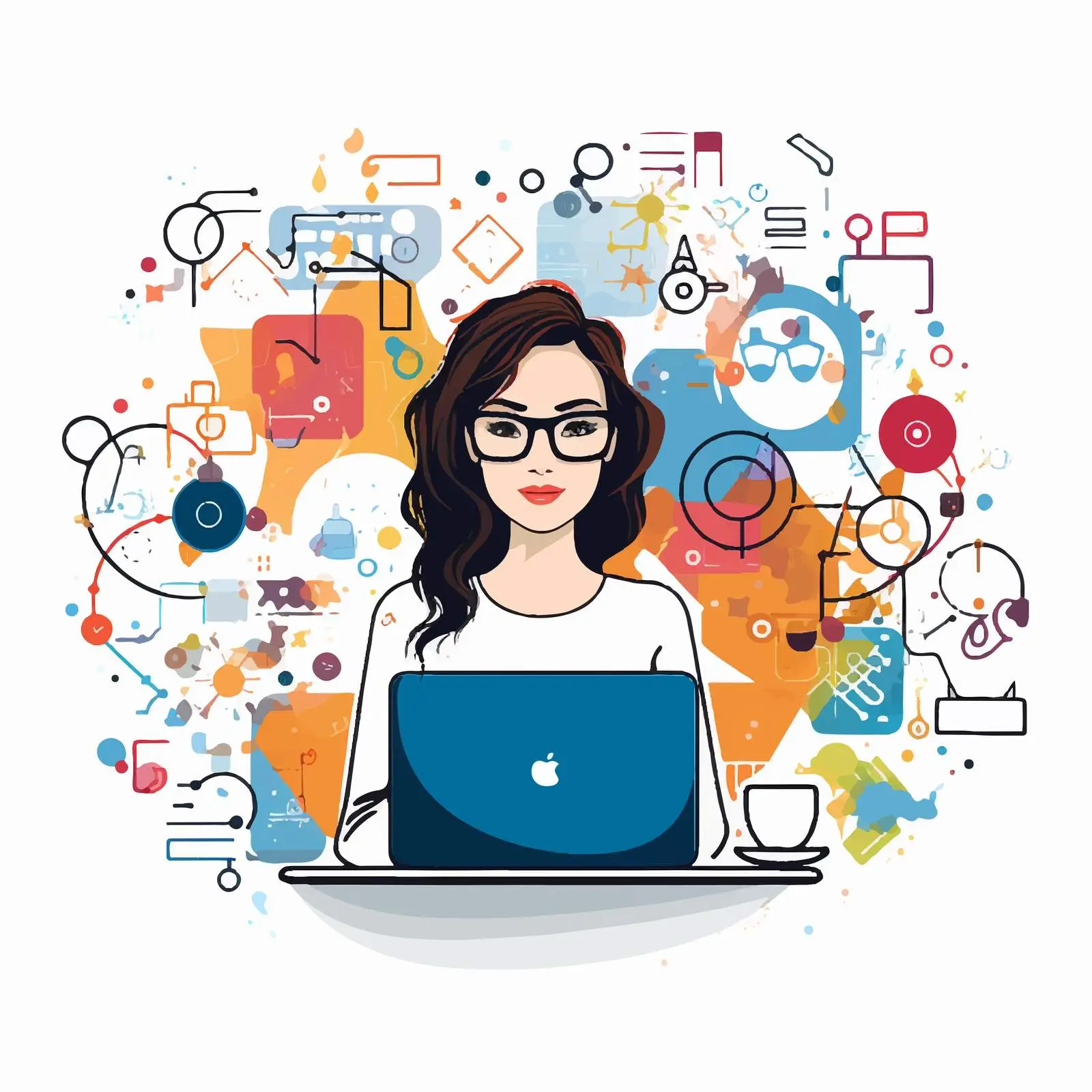 Woman Working on Computer with Colorful Icons — free download from Dotvec