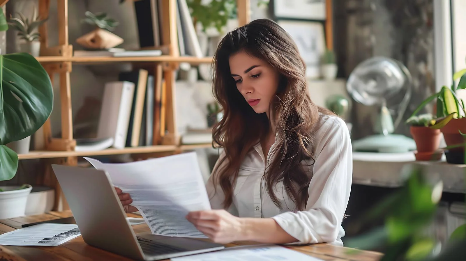 Woman with Laptop Reading Paper — free download from Dotvec