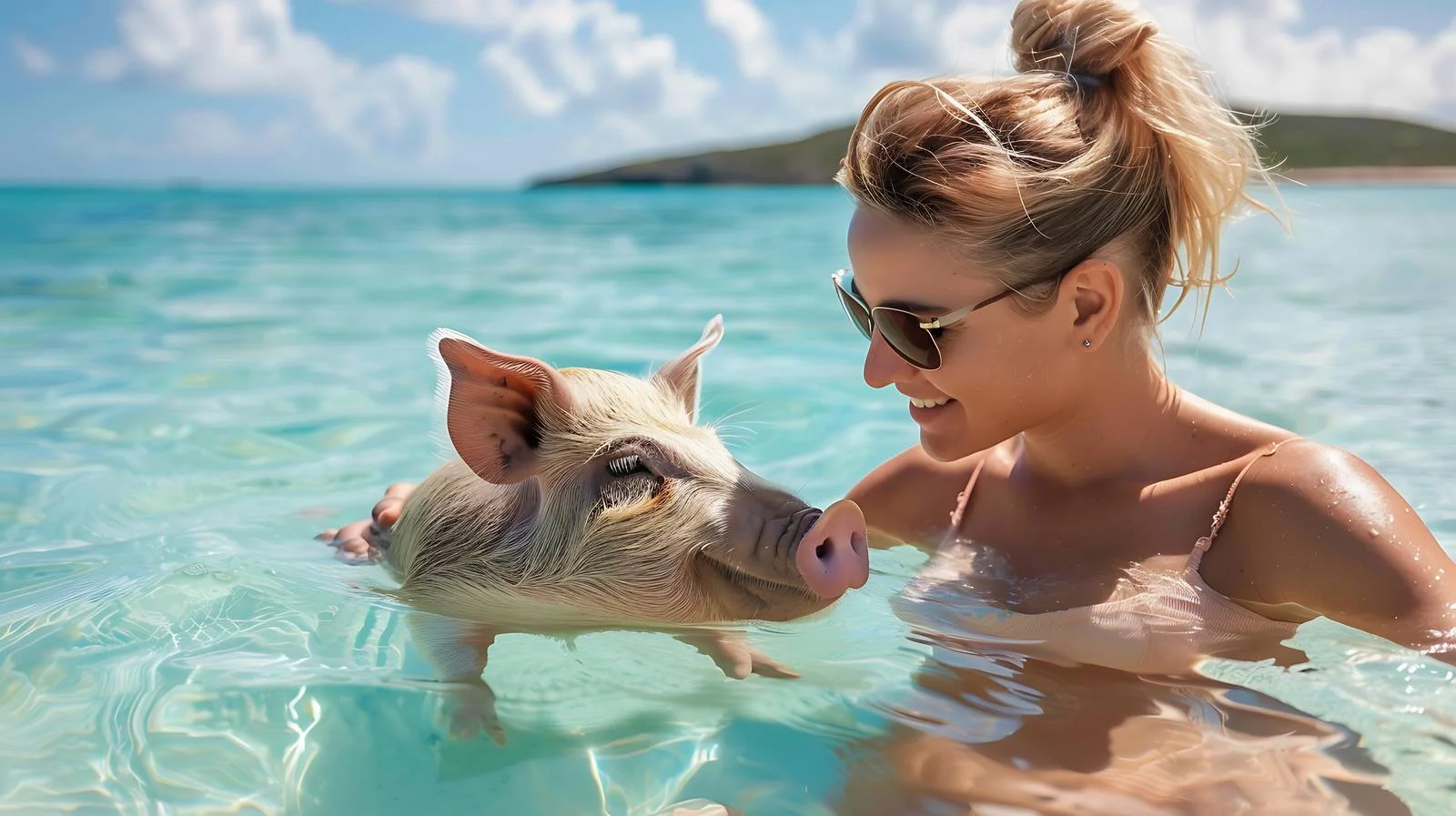 Woman Petting Pig on Pig Beach — free download from Dotvec