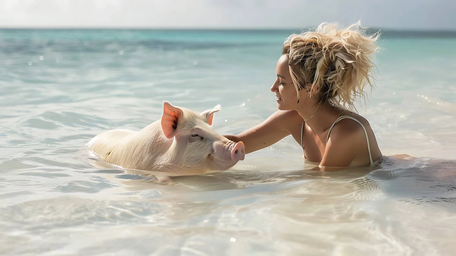 Woman with Swimming Pig at Sea – free caribbean image from Dotvec