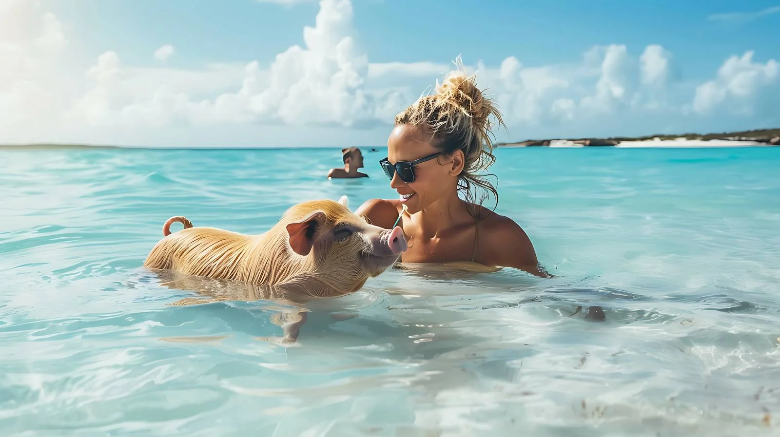 Woman Petting Pig on Pig Beach – free caribbean image from Dotvec