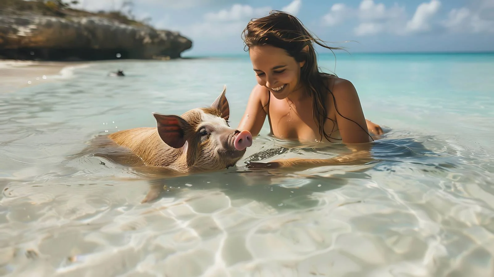 Woman Petting Pig at Sea – free caribbean image from Dotvec