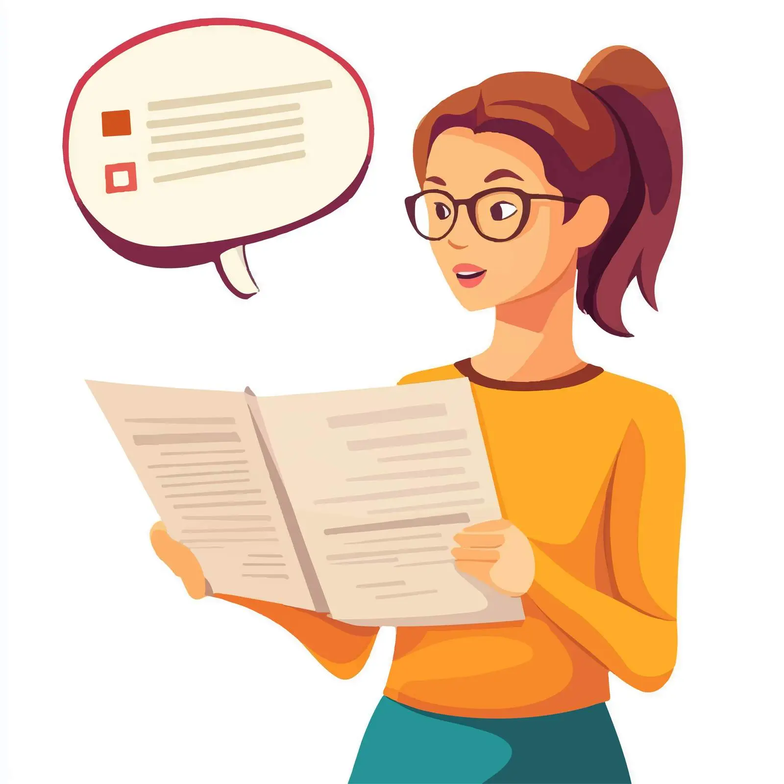 Woman Reading Document with Info Symbol — free download from Dotvec