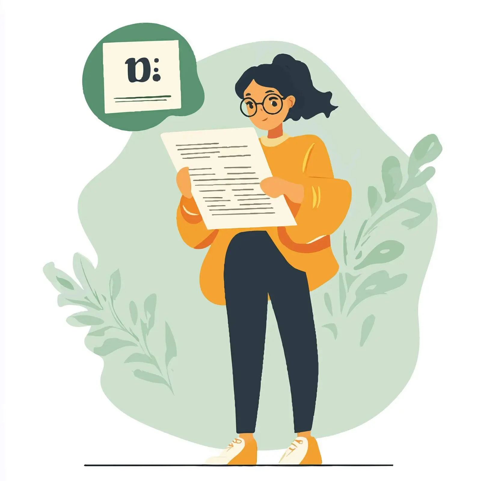 Woman Reading Document with Info Speech Bubble — free download from Dotvec