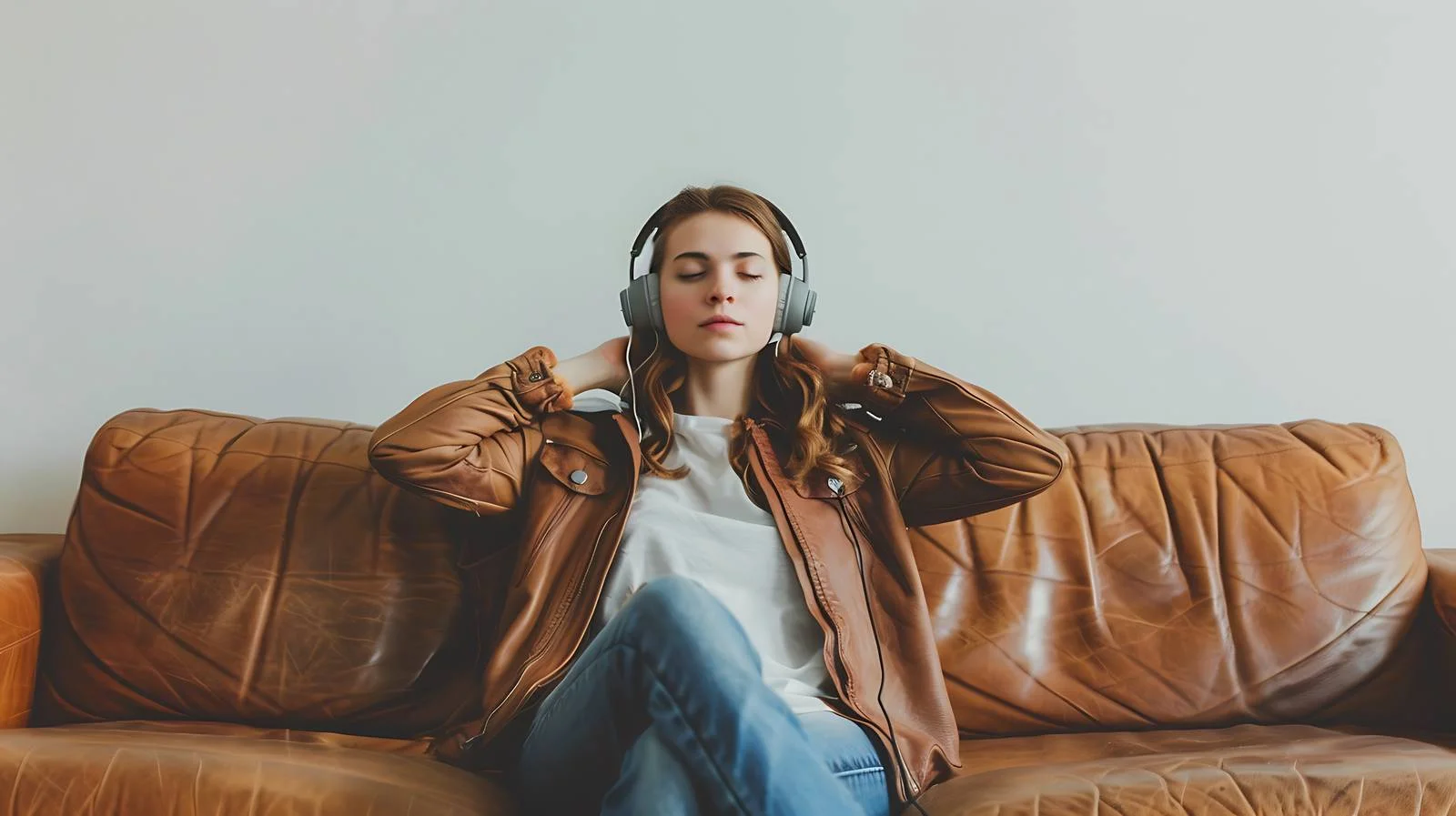 Serene Woman Listening to Music on Couch — free download from Dotvec