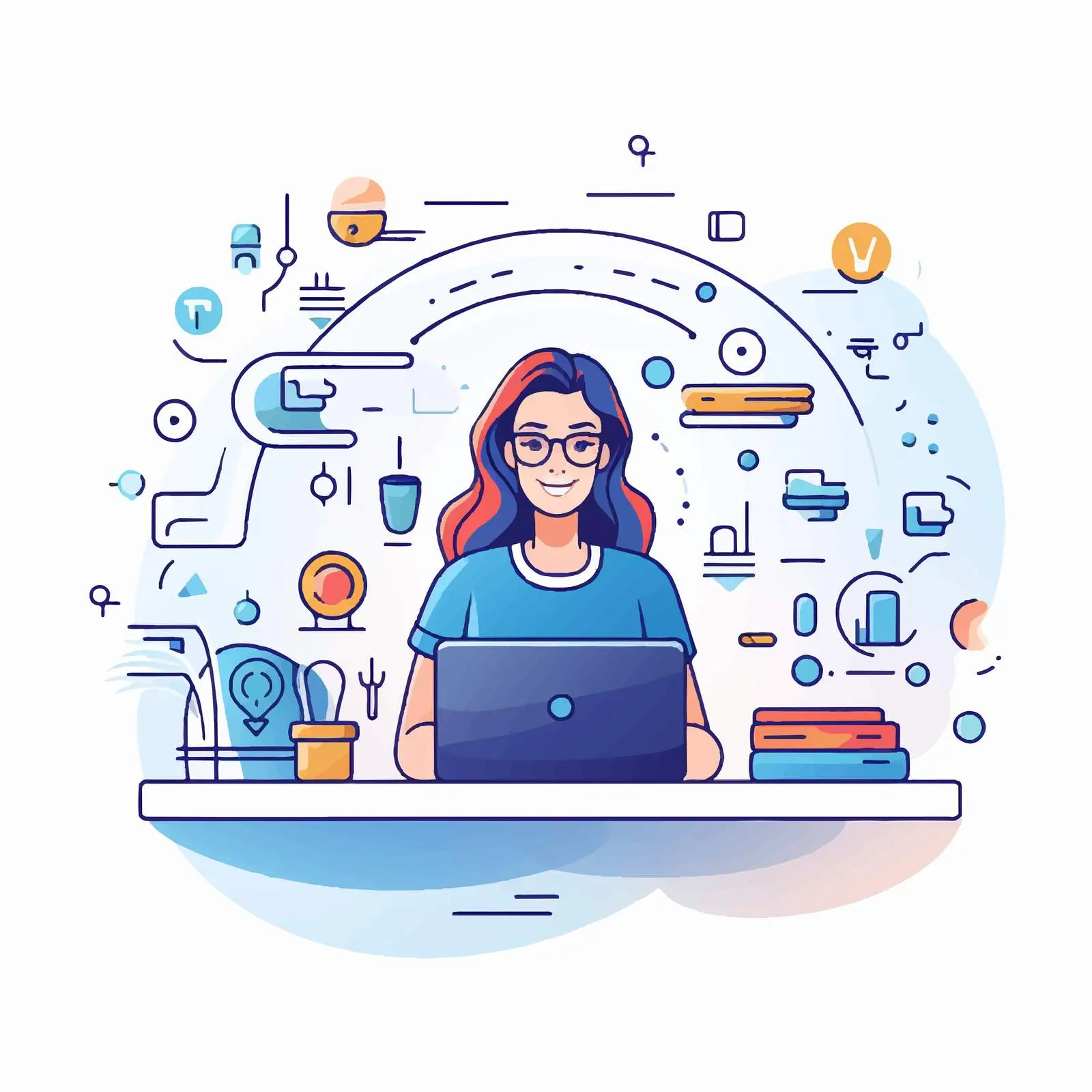 Woman Working at Desk with Web Symbols — free download from Dotvec