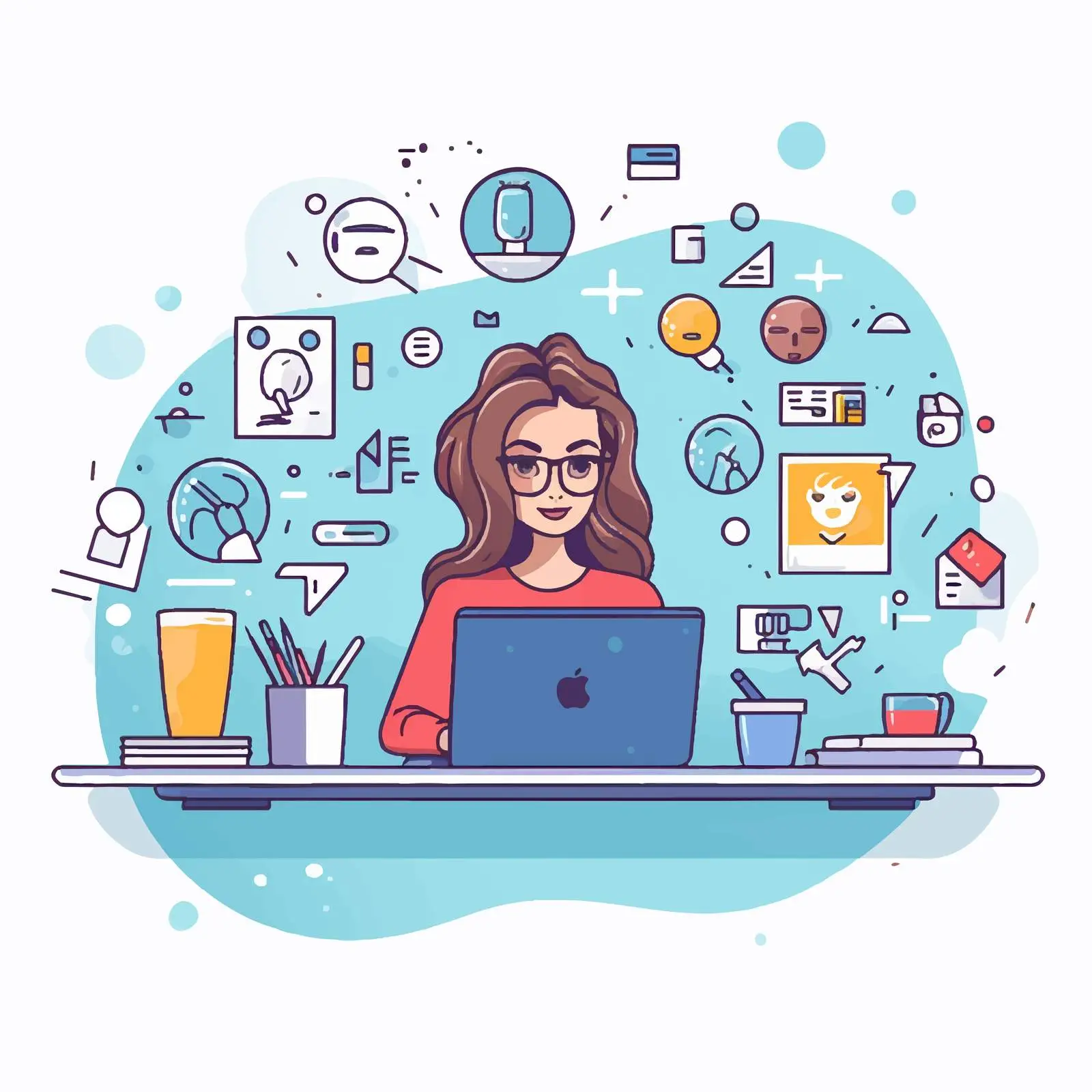 Woman Working at Desk with Web Symbols — free download from Dotvec