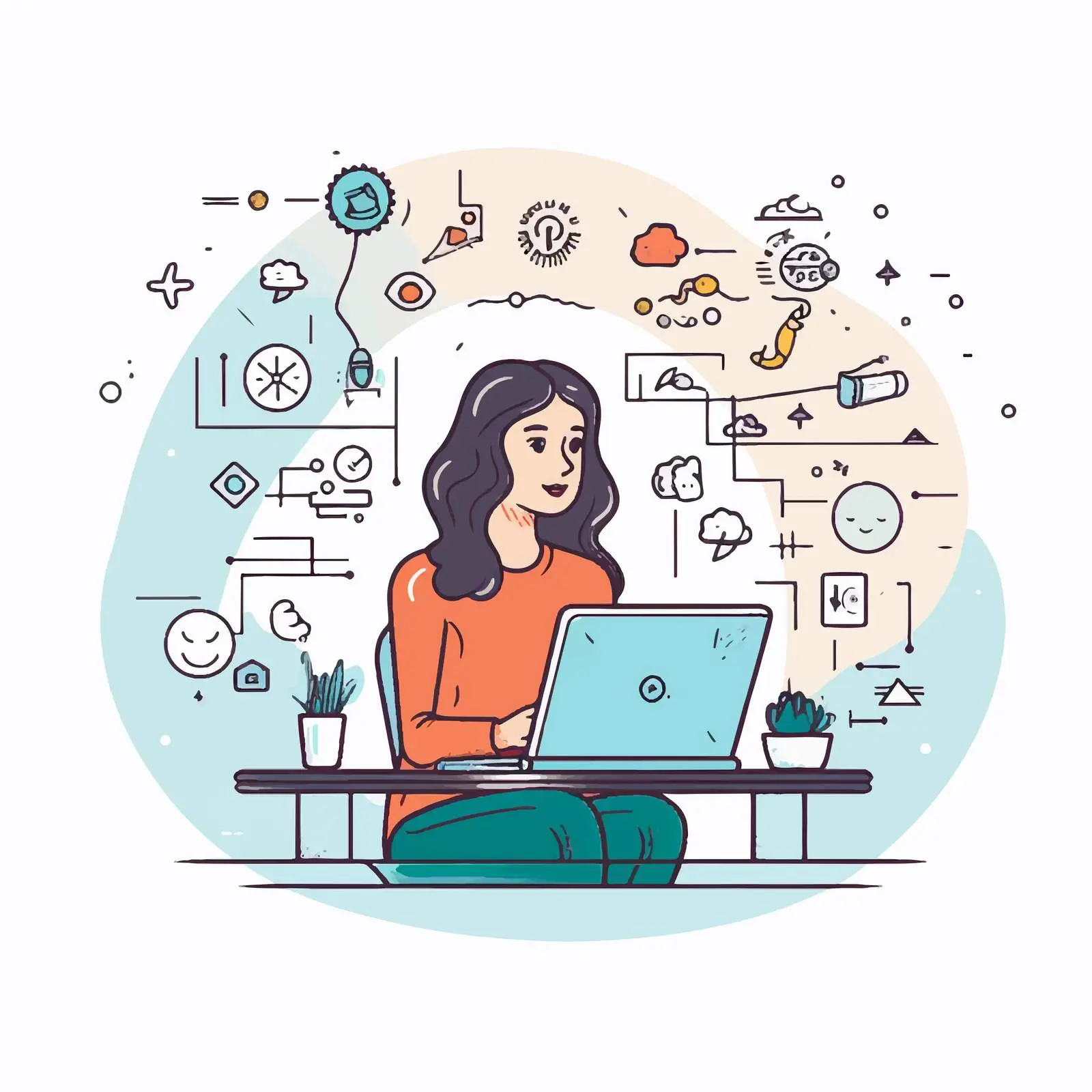 Woman at Desk with Web Symbols Vector — free download from Dotvec