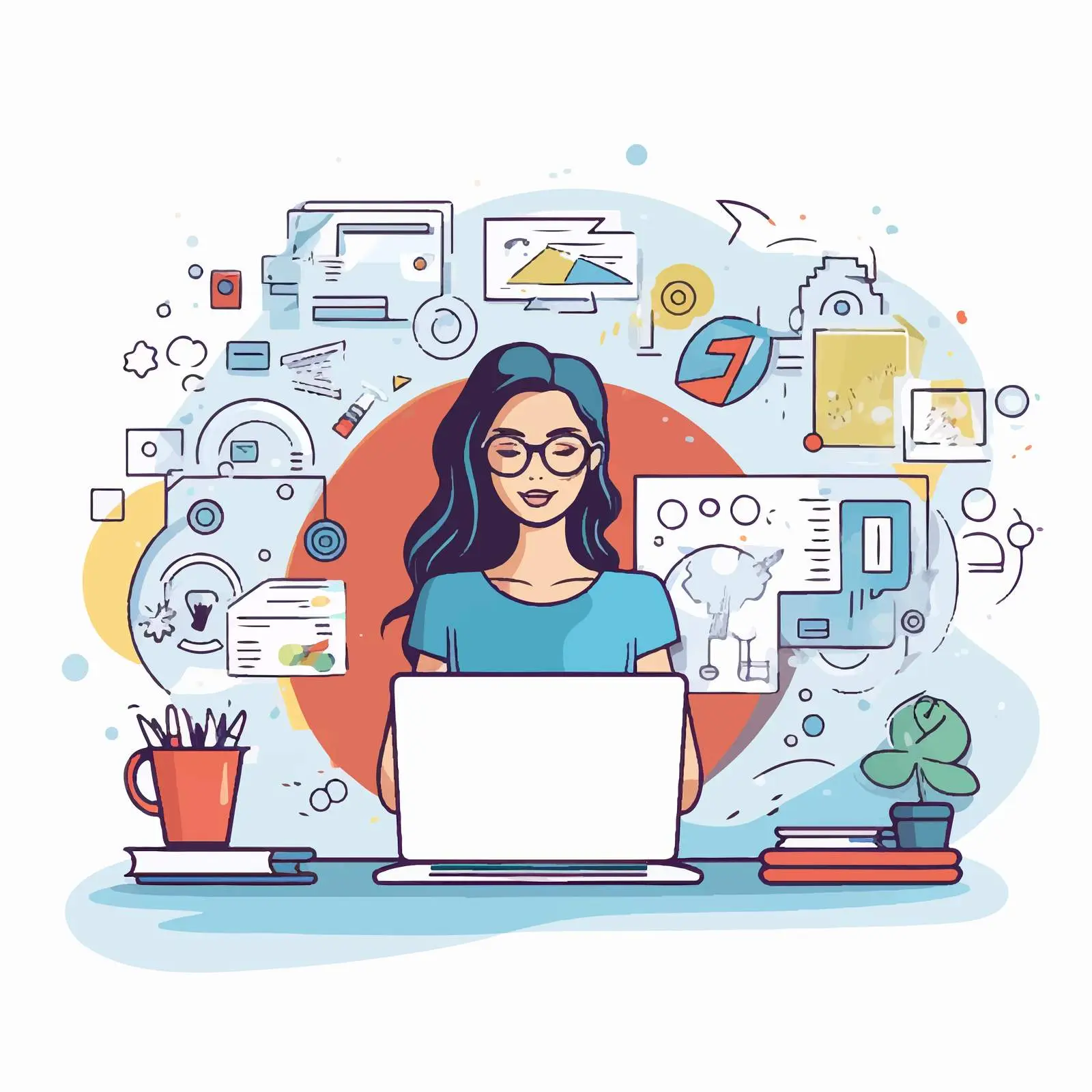 Woman at Desk with Computer and Web Symbols – free web development image from Dotvec