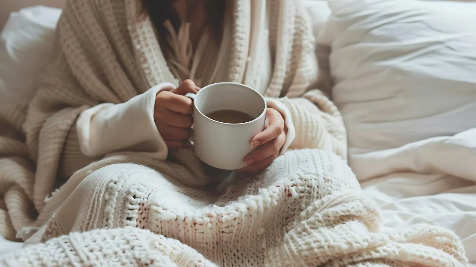 Woman Enjoying Coffee in Bed Under Blanket — free download from Dotvec
