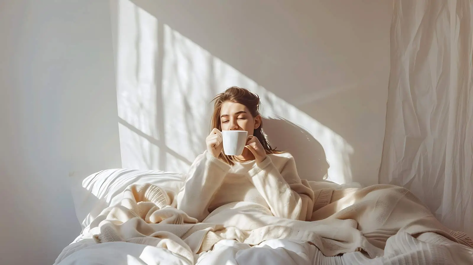 Cozy Woman Enjoying Coffee in Bed — free download from Dotvec