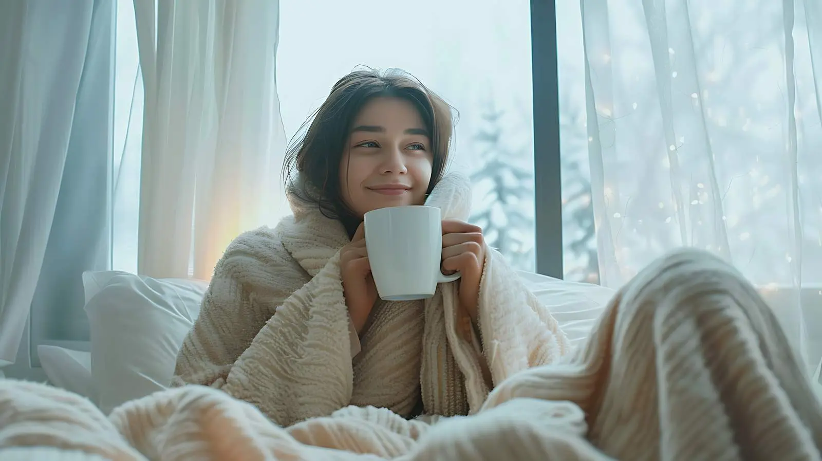 Cozy Woman Enjoying Coffee in Bed — free download from Dotvec
