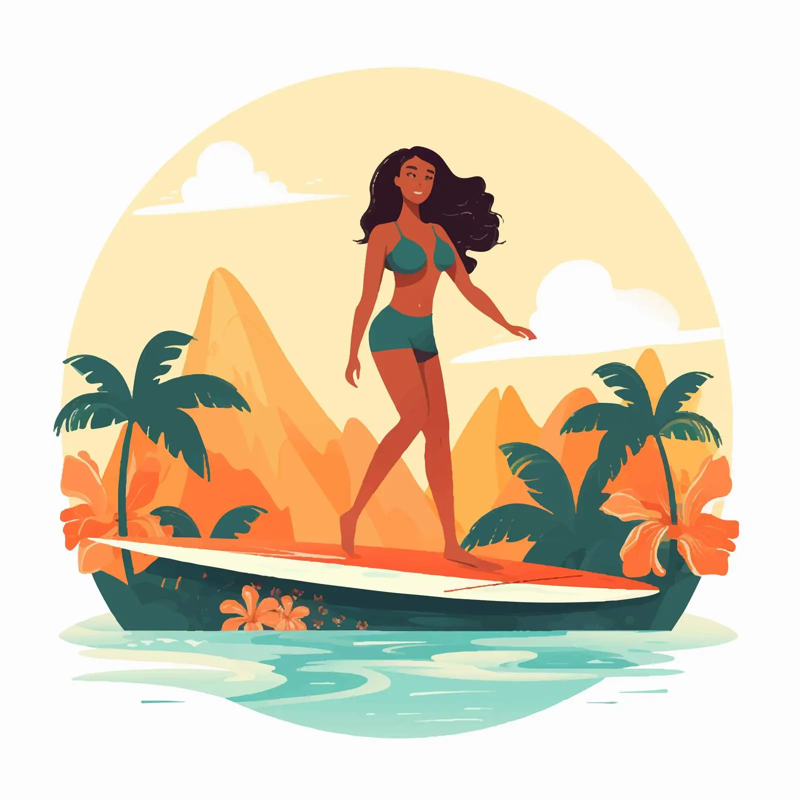 Happy Woman Surfer Riding a Surfboard — free download from Dotvec