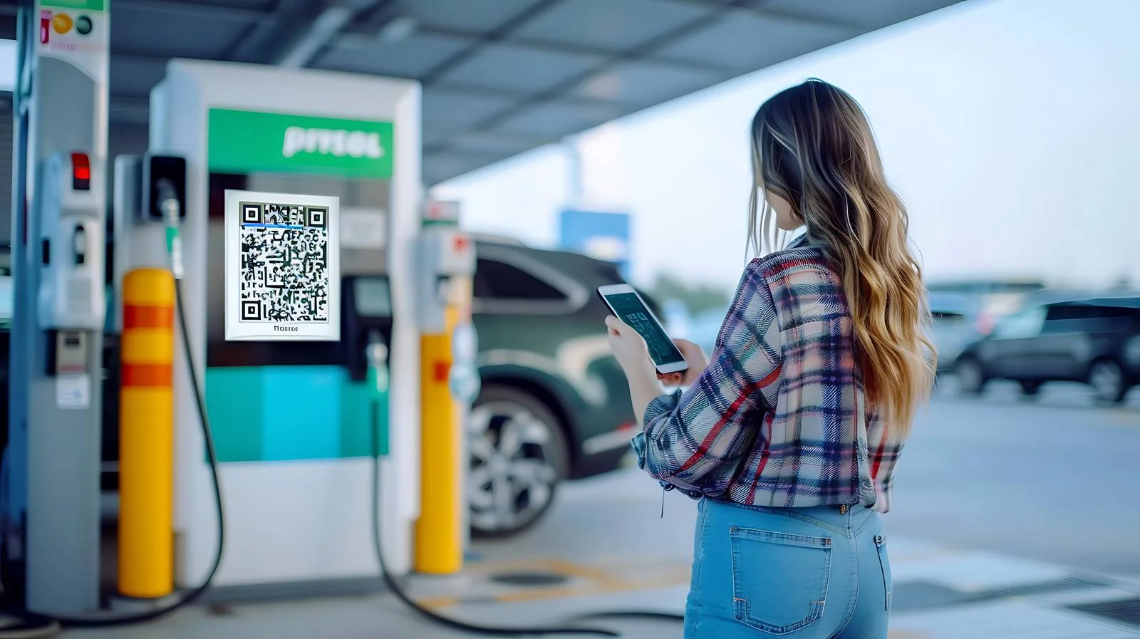 Female making contactless payment with mobile phone — free download from Dotvec