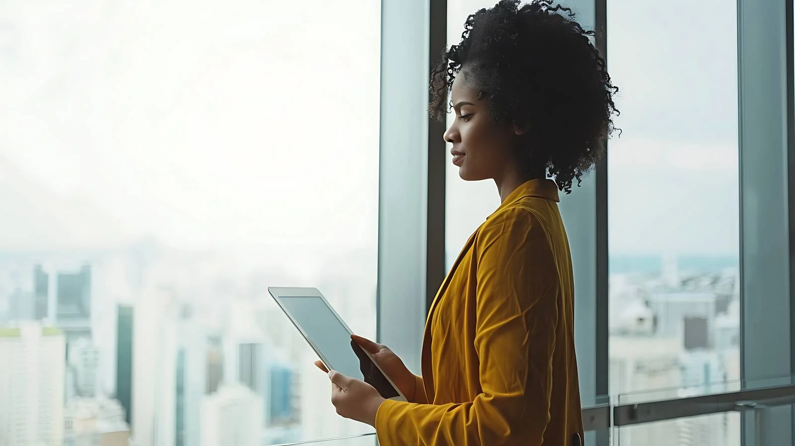 Businesswoman with Tablet at Office Window — free download from Dotvec
