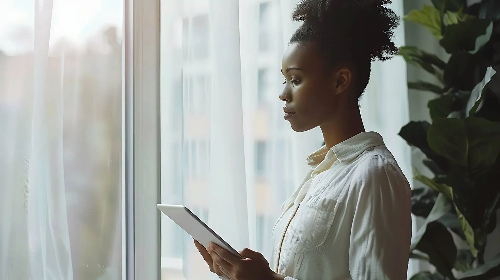 Businesswoman at Office Window with Tablet — free download from Dotvec