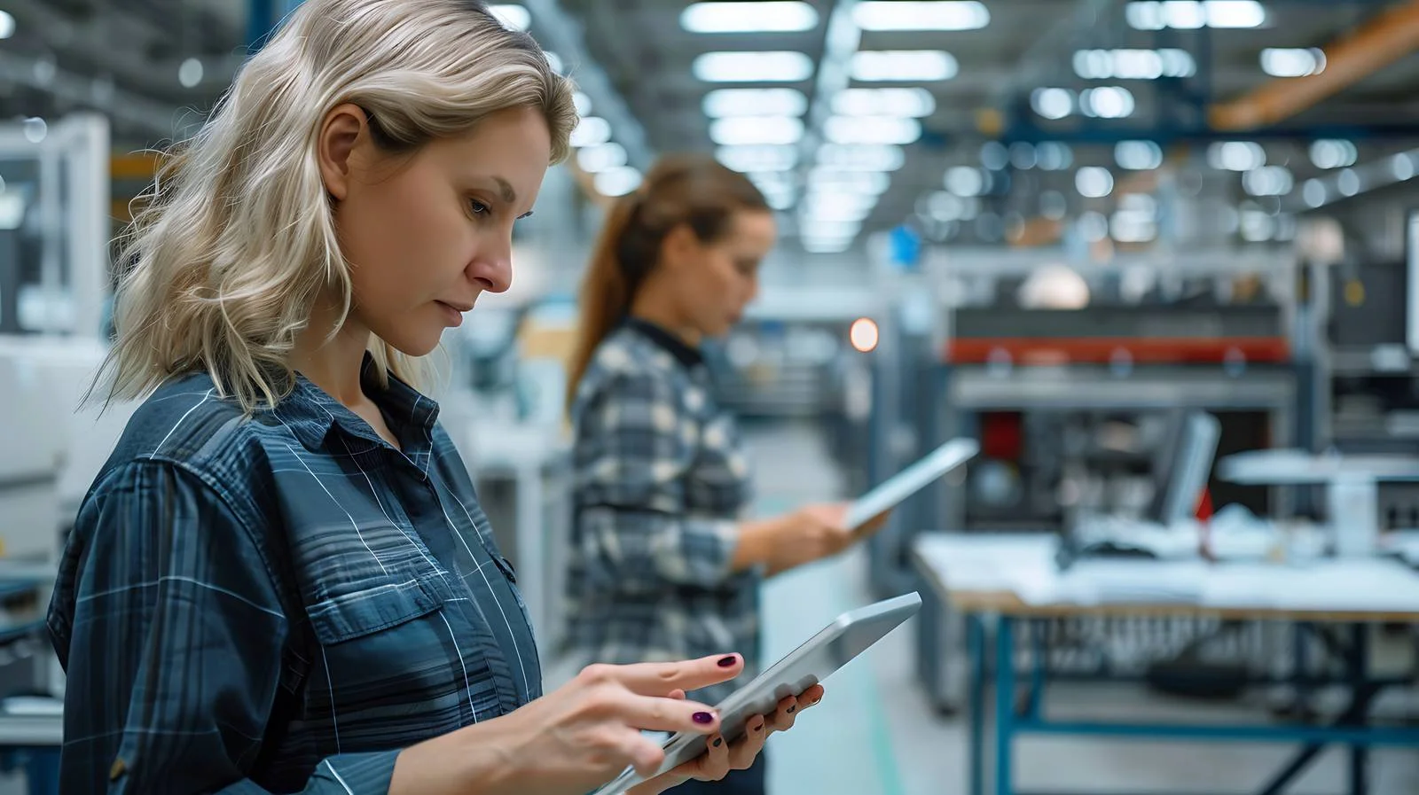 Female worker on factory floor using tablet — free download from Dotvec