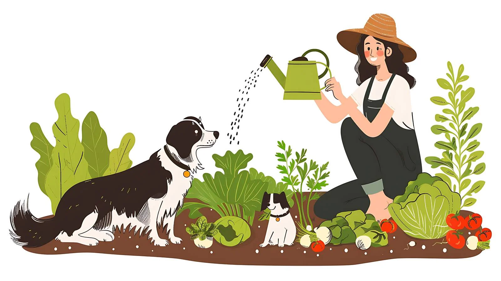 Woman Watering Plant with Border Collie — free download from Dotvec