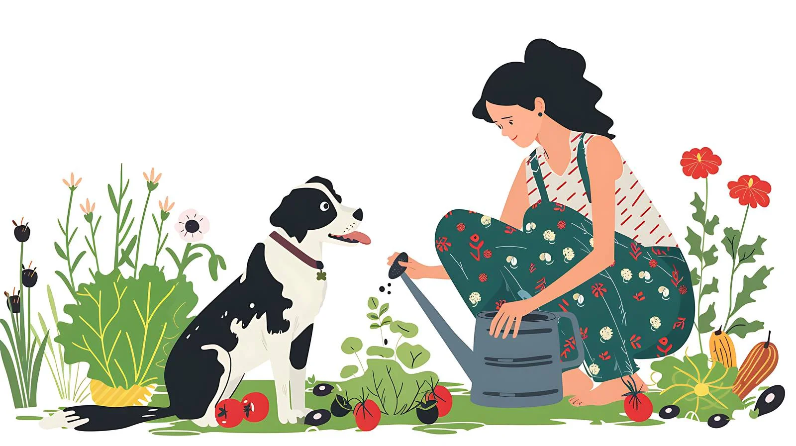 Serene Woman Tending Plant with Dog — free download from Dotvec