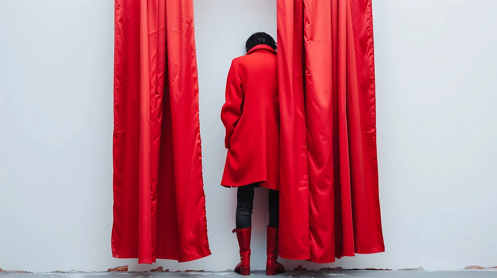 Elegant Woman in Red Coat Behind Curtain — free download from Dotvec