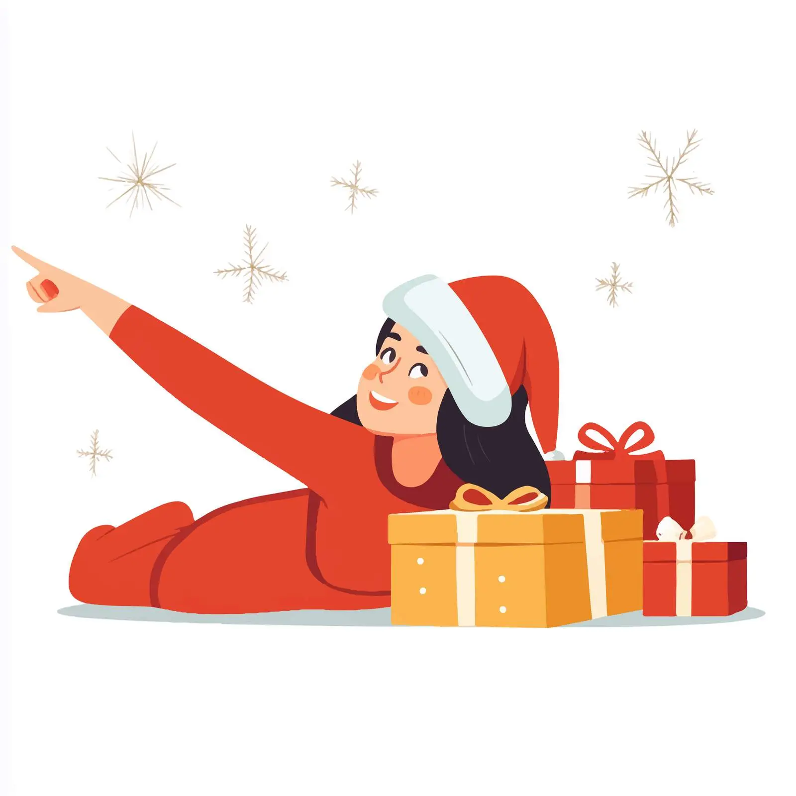 Woman in Santa Hat Pointing Toward Christmas — free download from Dotvec