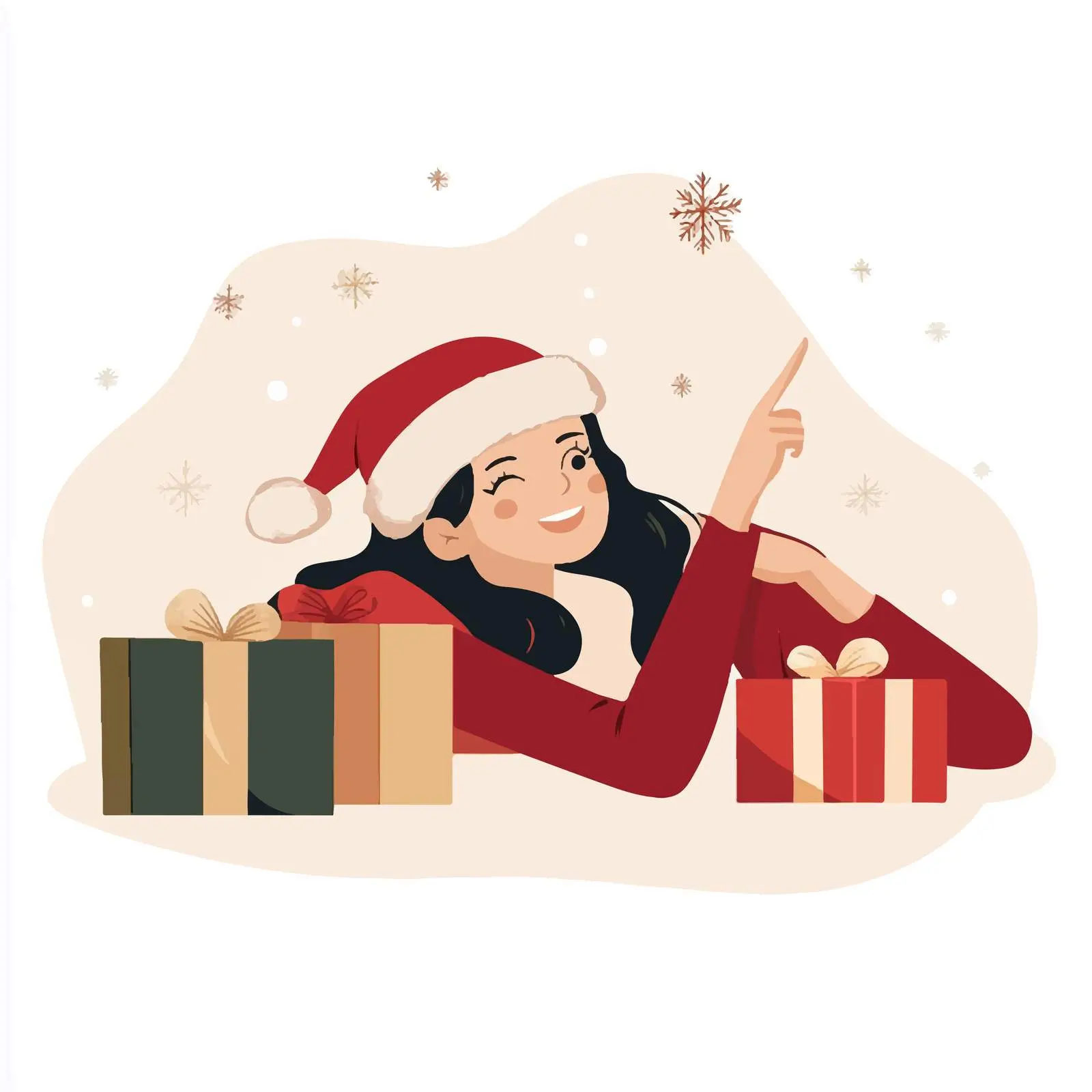 Woman in Santa Hat Pointing to Christmas Celebration — free download from Dotvec