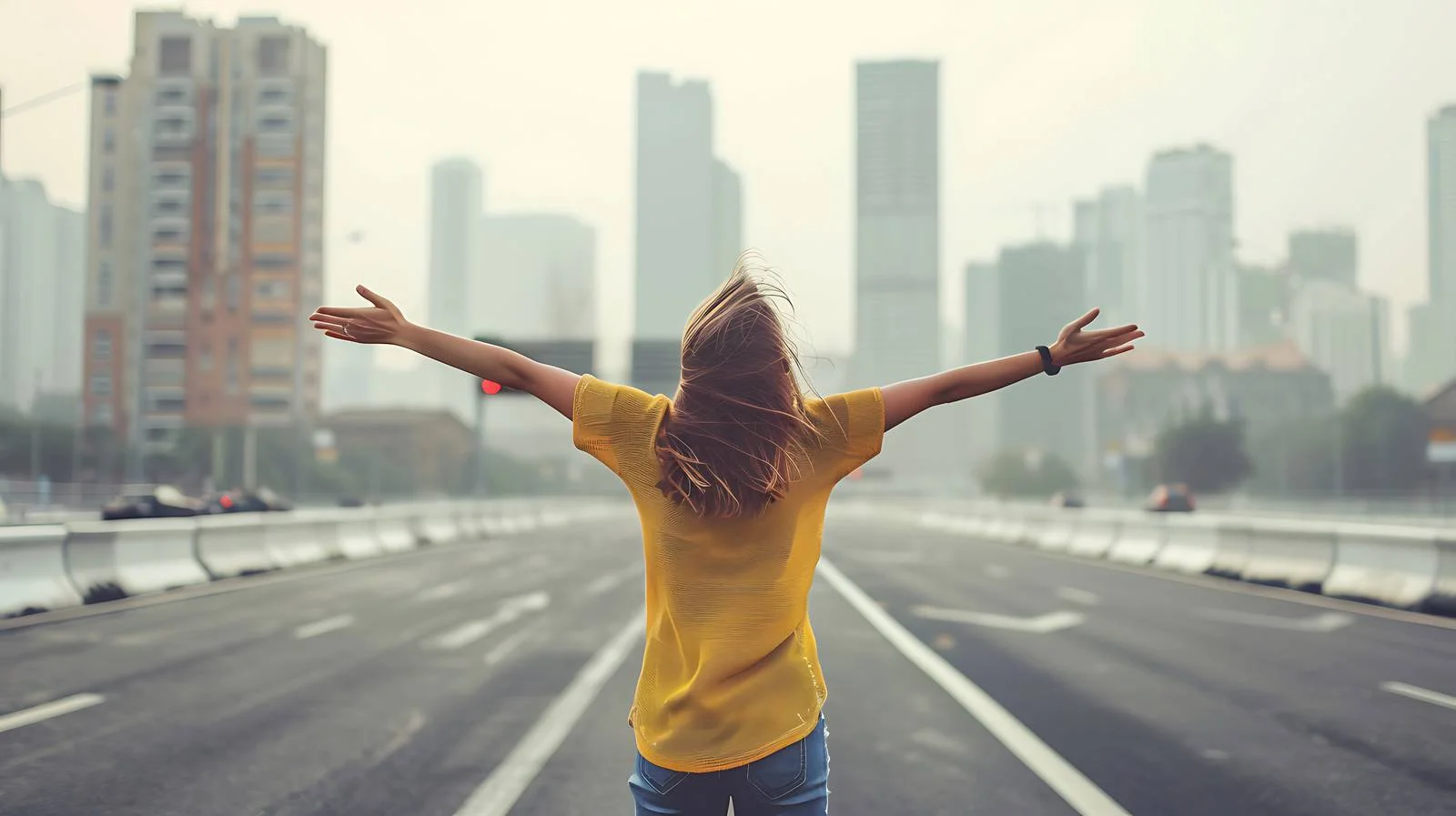 Serene woman on urban road — free download from Dotvec