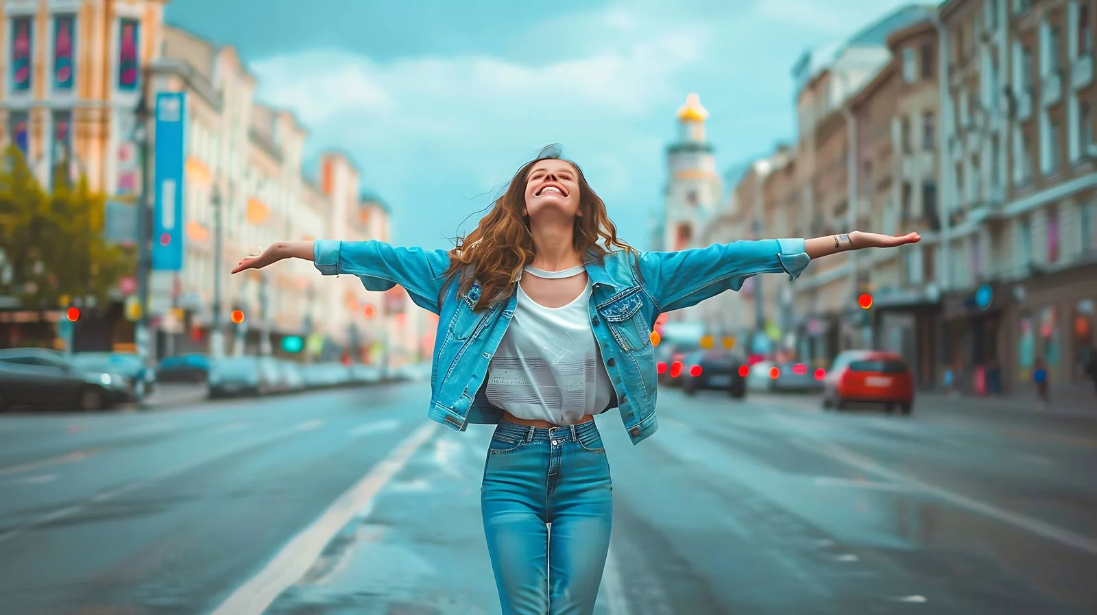 Urban Freedom Pose on City Street — free download from Dotvec