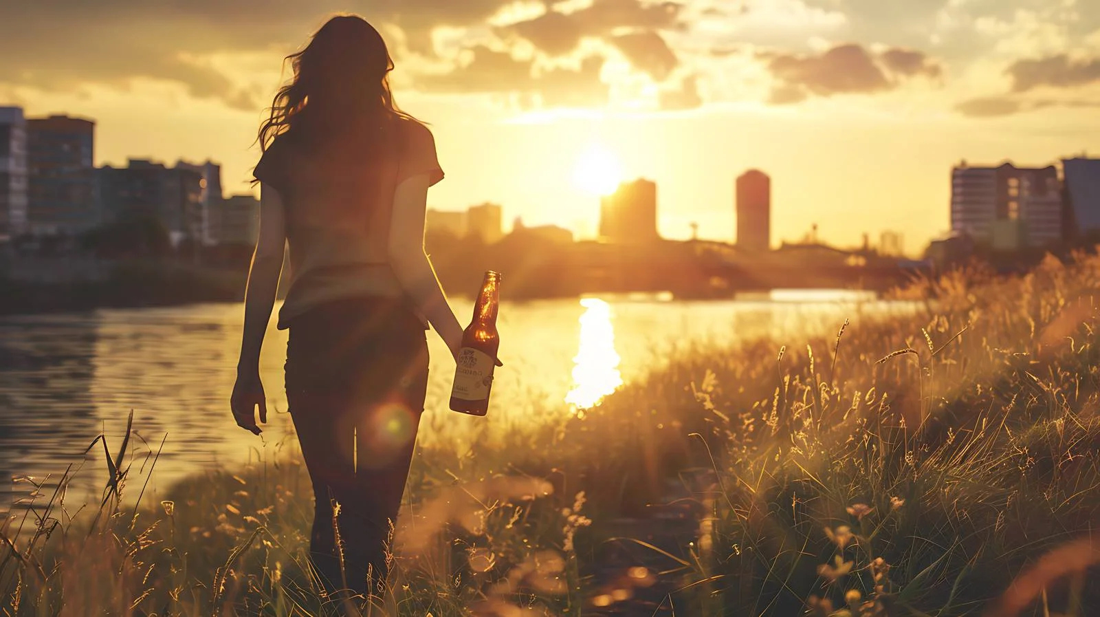 Woman Walking on Grassy Land with Beer — free download from Dotvec