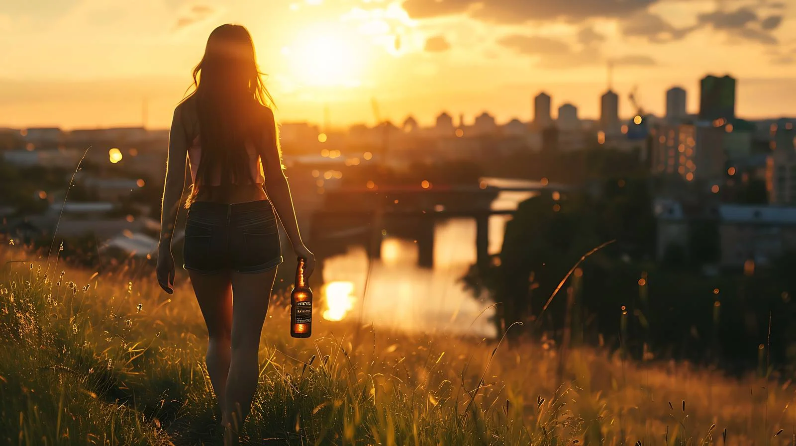 Woman with Beer Bottle on Grassy Land — free download from Dotvec