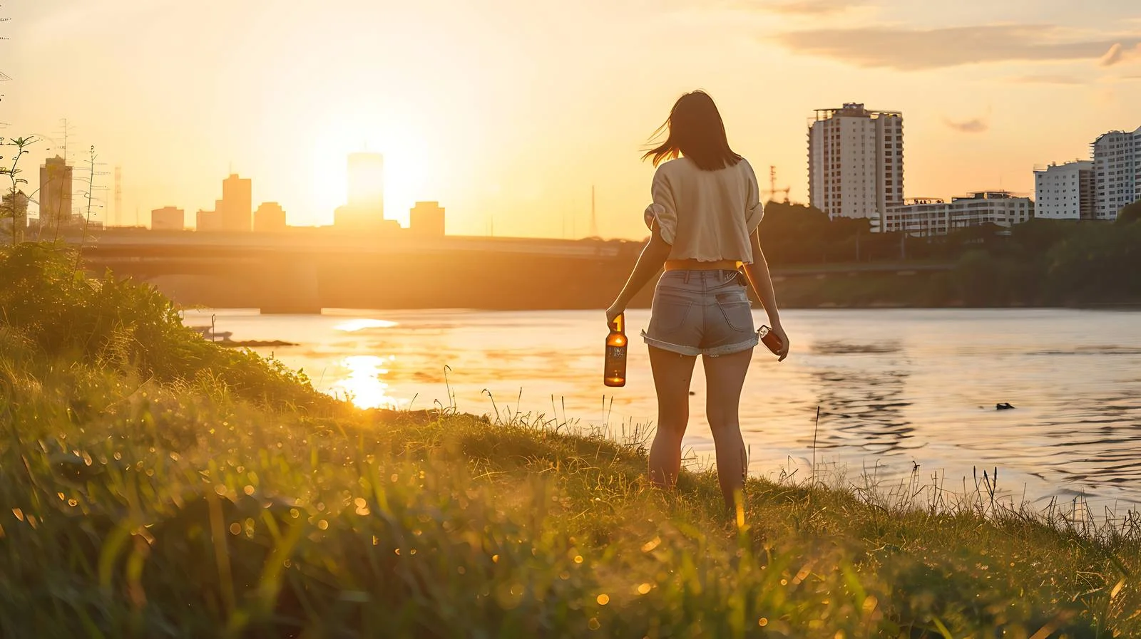 Woman with Beer Bottle on Grassy Land — free download from Dotvec