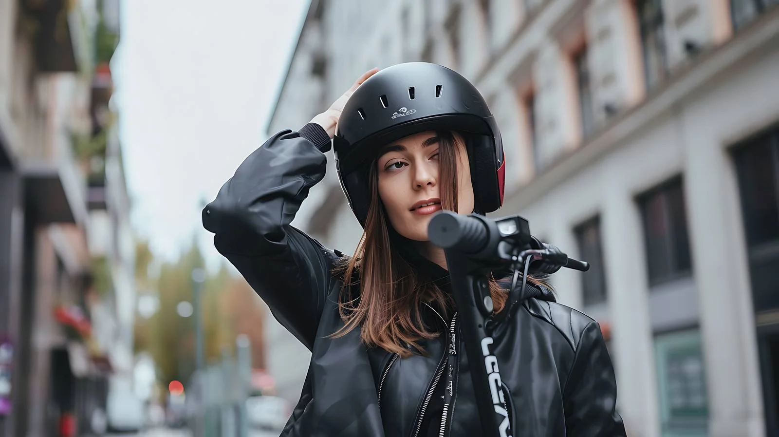 Urban Woman Putting on E-scooter Helmet — free download from Dotvec