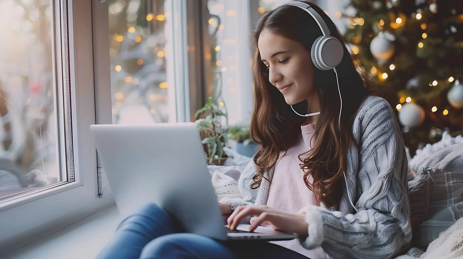Focused woman using laptop outdoors in breeze — free download from Dotvec